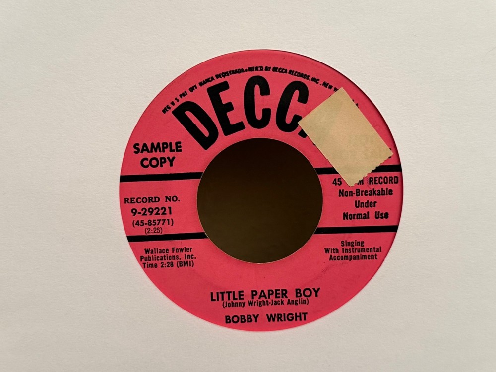 LISTEN 🎶 BOBBY WRIGHT LITTLE PAPER BOY / CRY BABY DECCA PROMO COUNTRY 45′ VINYL