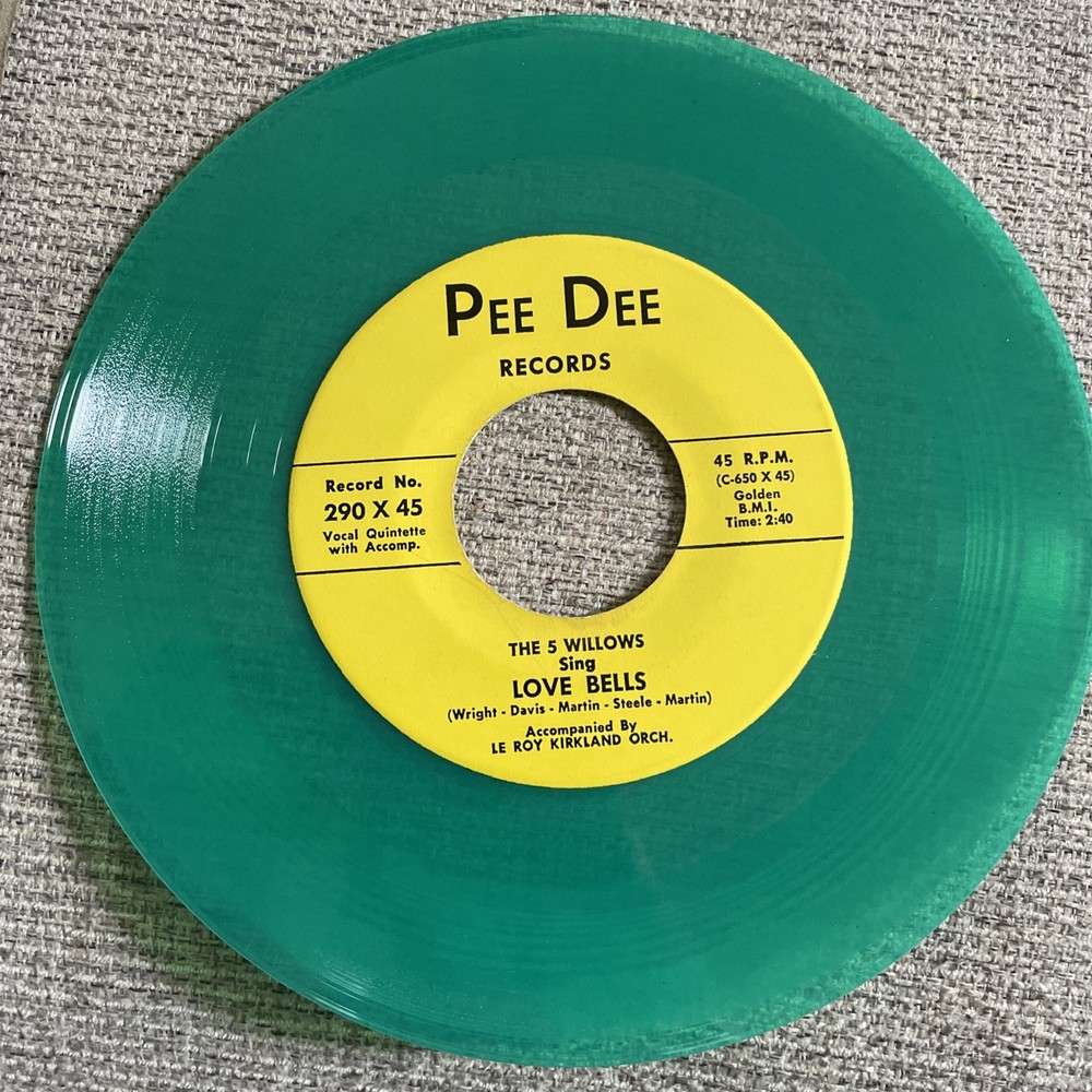 The 5 Willows LOVE BELLS Rare GREEN VINYL 45 Pee Dee 290 Doo Wop 1950s Original