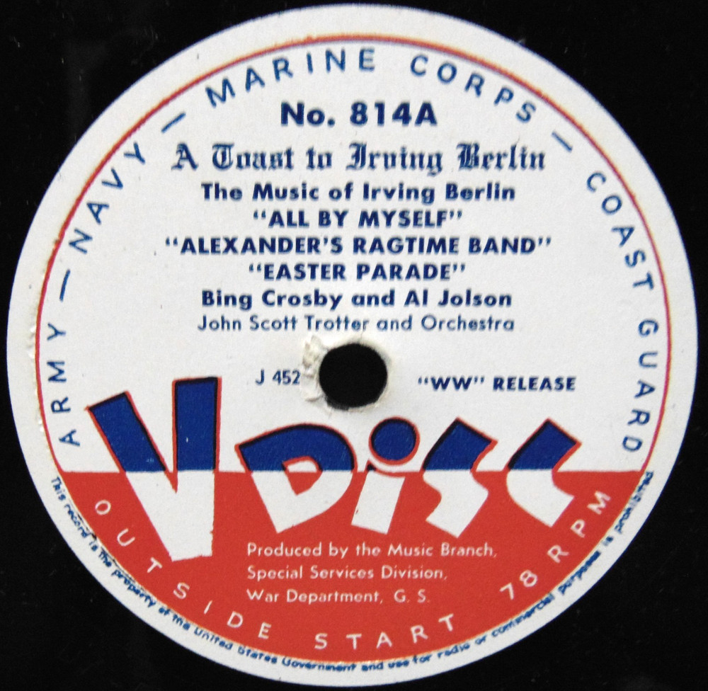 78 RPM RECORD V-DISC 814 CROSBY, JOLSON REHEARSAL BERLIN TRIB. & D. DAY/SHORE E+