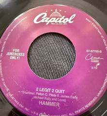 MC Hammer 2 Legit 2 Quit 7” Record 1991 Jukebox Version, EX Vinyl