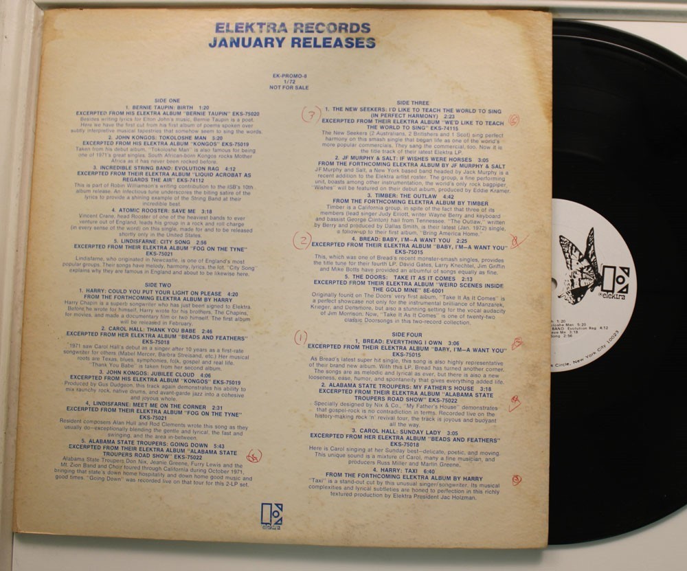 V/A (Doors, Bread, Seekers) Promo 2-Disc Lp Elektra Records January Releases On