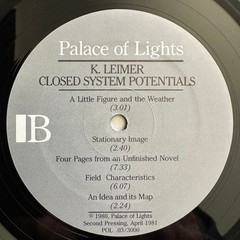 K. Leimer Closed System Potentials Vinyl LP 1981 Palace Of Lights Electronic