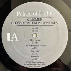 K. Leimer Closed System Potentials Vinyl LP 1981 Palace Of Lights Electronic