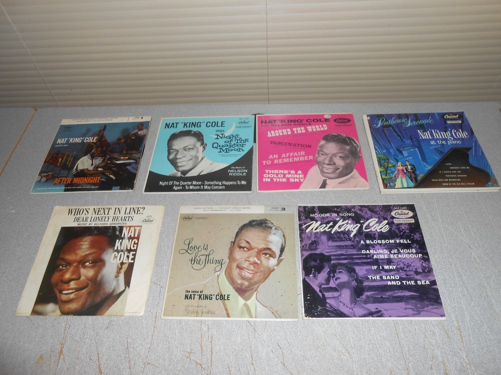 LOT OF 7 VTG NAT KING COLE 45 RPM RECORDS WITH CARDBOARD JACKETS
