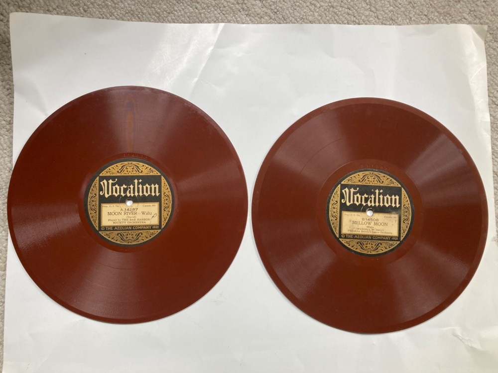 Two 1921 Vocalion Brown 78 Records Moon River, Mellow Moon, Wonderful One, More