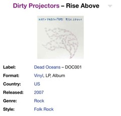 DIRTY PROJECTORS Rise Above 12” Vinyl LP Dead Oceans DOC001 2007