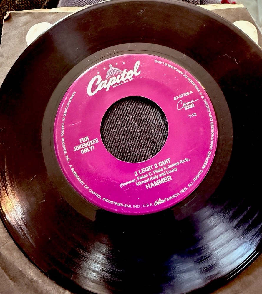 MC Hammer 2 Legit 2 Quit 7” Record 1991 Jukebox Version, EX Vinyl