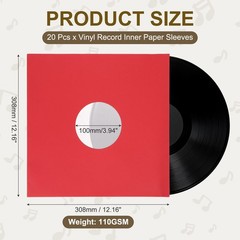 12″x12″ 20 Pcs 110GSM Vinyl Record Inner Paper Sleeves with Poly Lined (Red)
