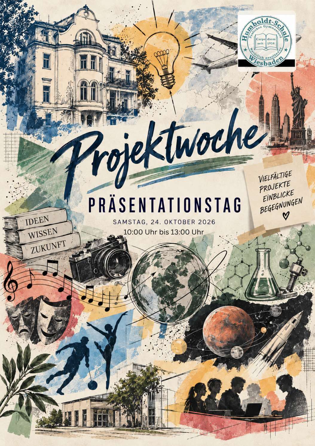 Plakat der Projektwoche: eine farbenfrohe Collage aus Schulgebäuden, Wissenschaft, Kunst, Sport und Weltraum.