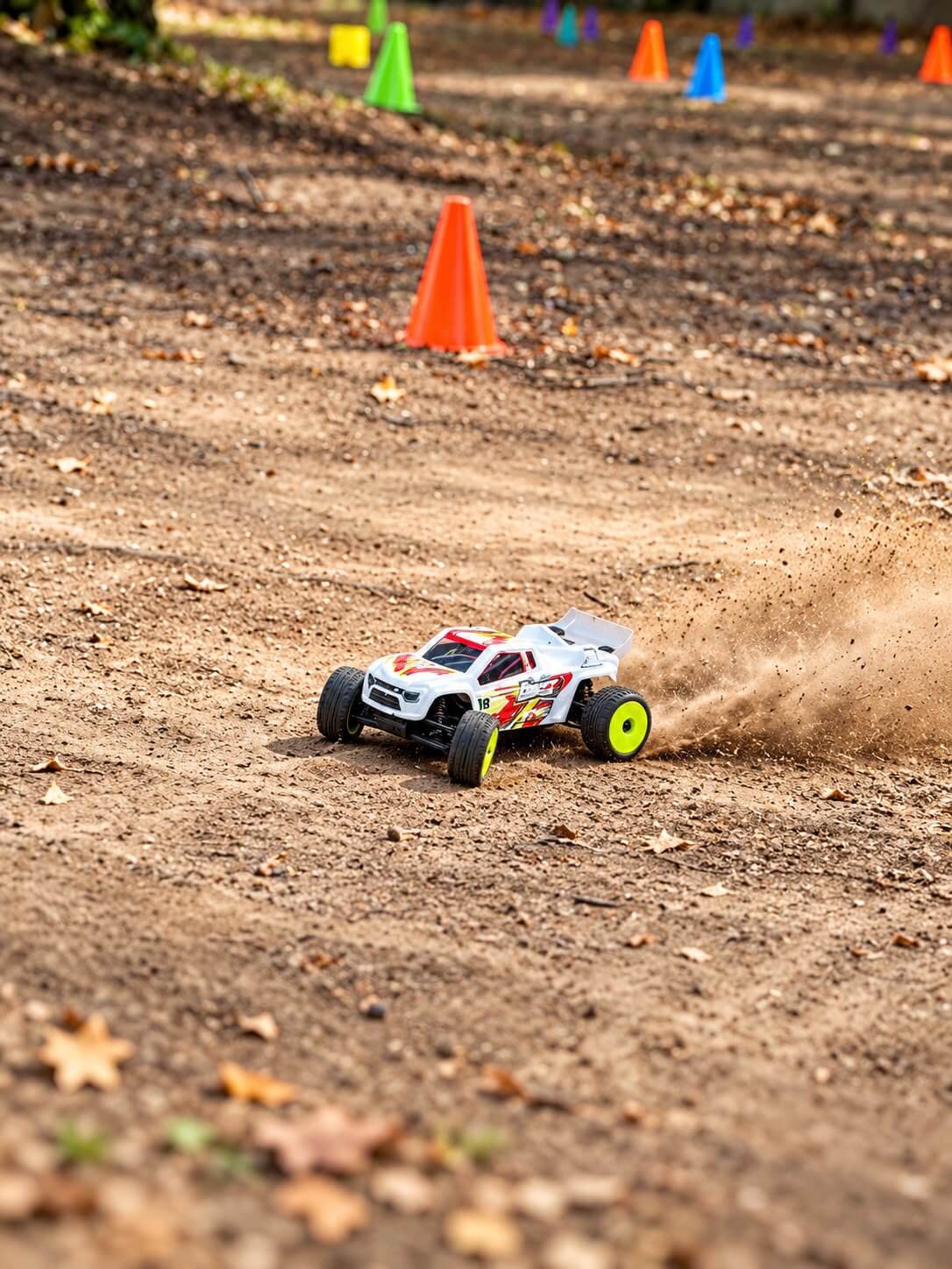 RC-Car mit aufwirbelnder Staubspur auf dem Parcours der Racing-AG.